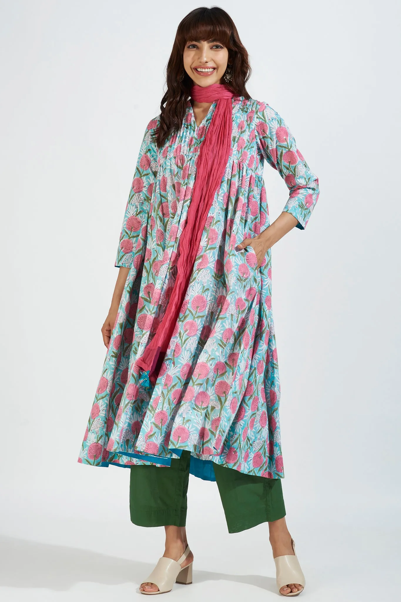 pintuck high bust anarkali - aqua rose & seaside blossoms