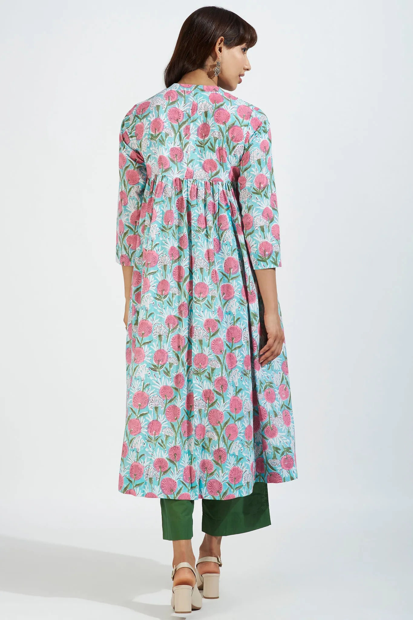 pintuck high bust anarkali - aqua rose & seaside blossoms