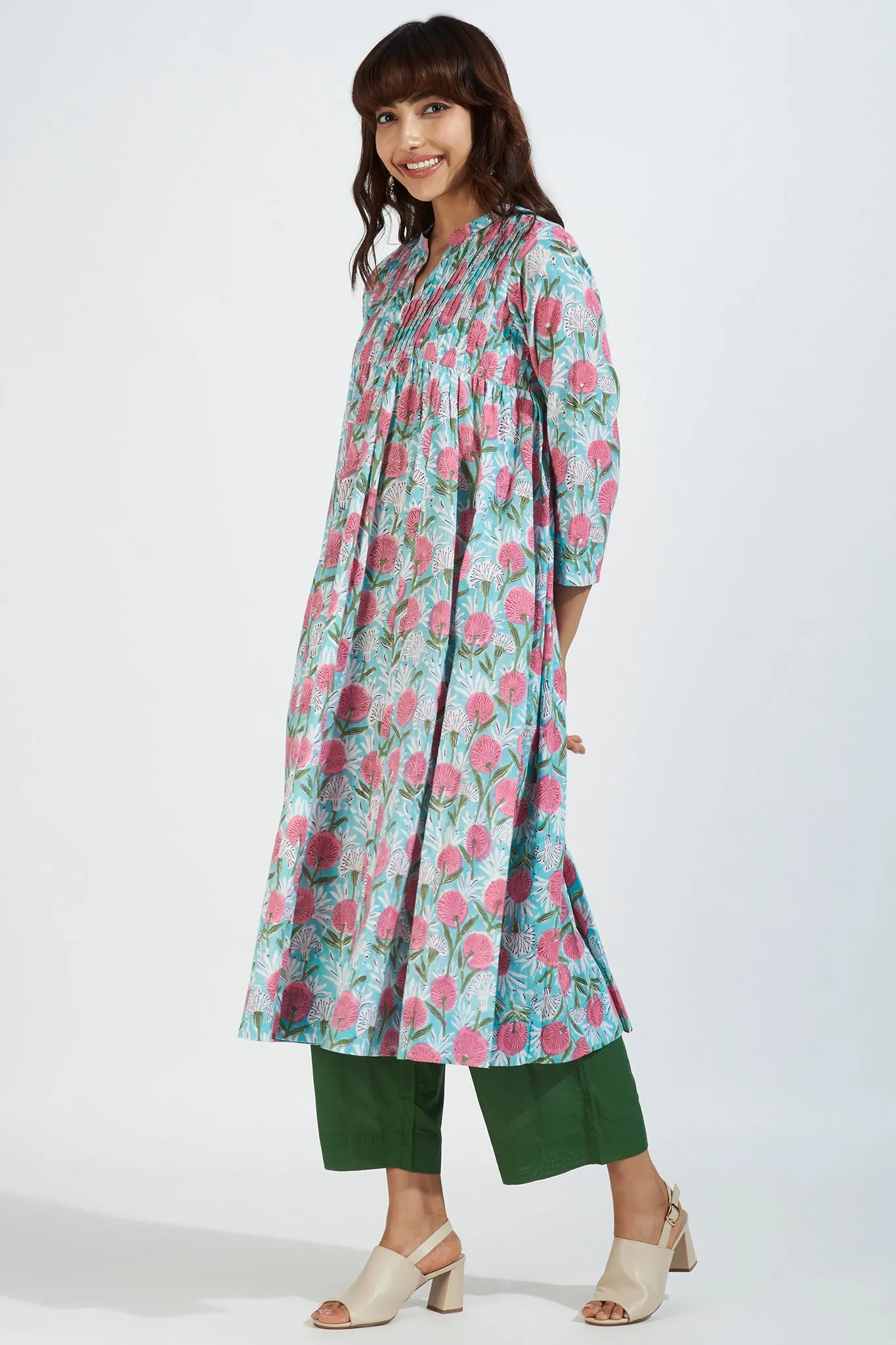 pintuck high bust anarkali - aqua rose & seaside blossoms