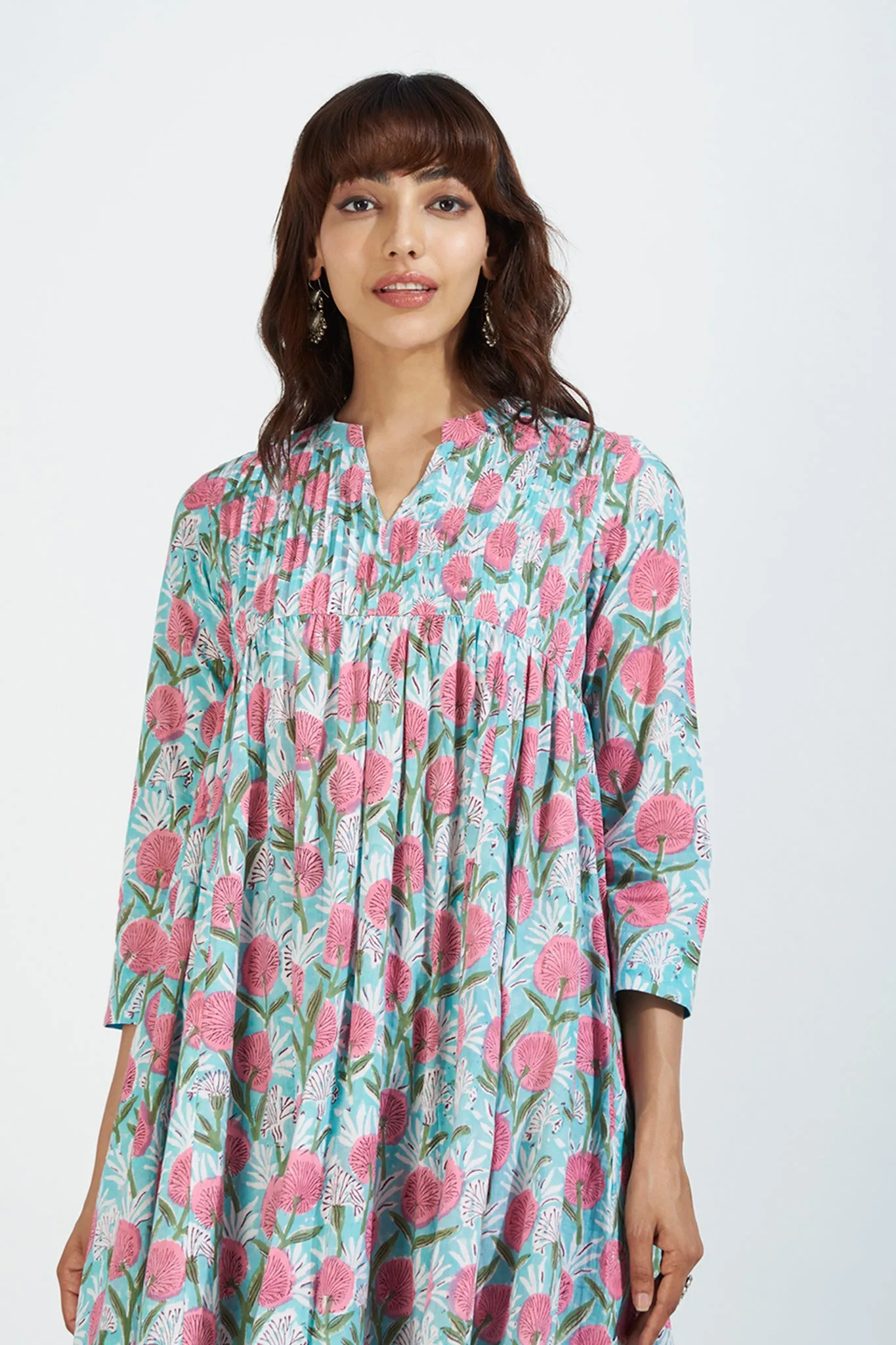 pintuck high bust anarkali - aqua rose & seaside blossoms