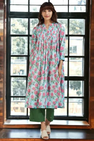 pintuck high bust anarkali - aqua rose & seaside blossoms