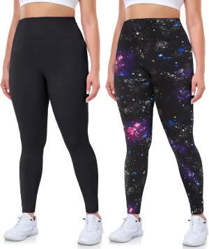 Plus Size XL Leggings 2-Pack: Black & Starry Night, High Waisted Tummy Control
