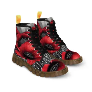 Red Chrome Black Ink Flow 3D Poppies  Canvas Boots AOP
