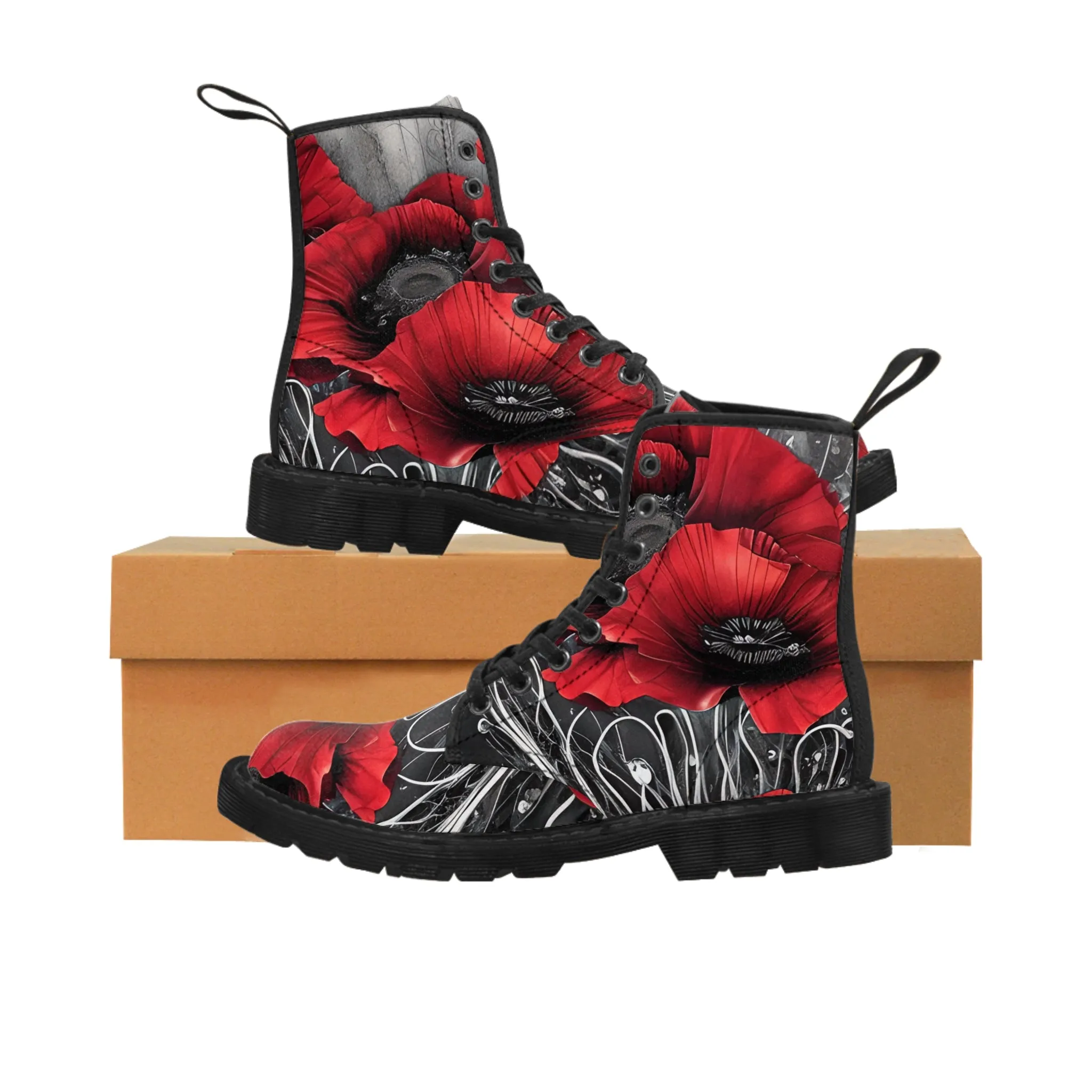 Red Chrome Black Ink Flow 3D Poppies  Canvas Boots AOP