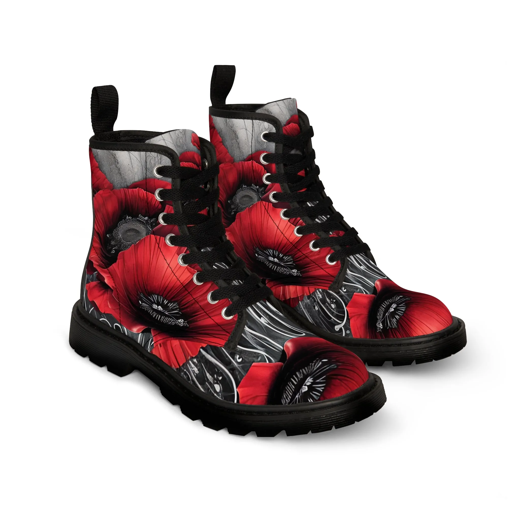 Red Chrome Black Ink Flow 3D Poppies  Canvas Boots AOP