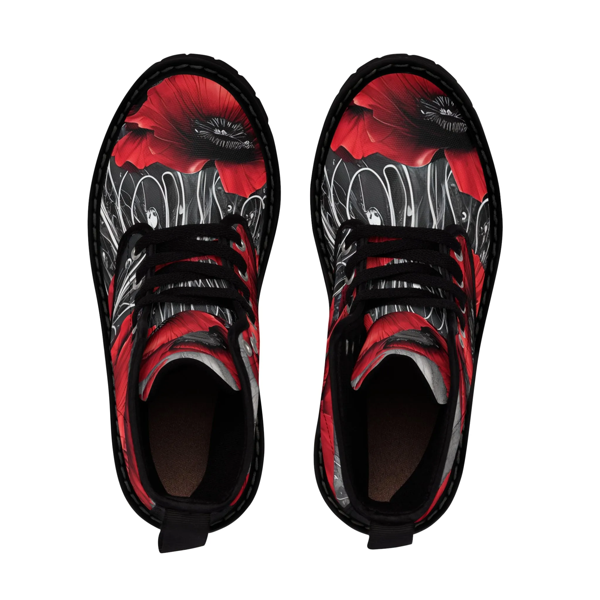 Red Chrome Black Ink Flow 3D Poppies  Canvas Boots AOP