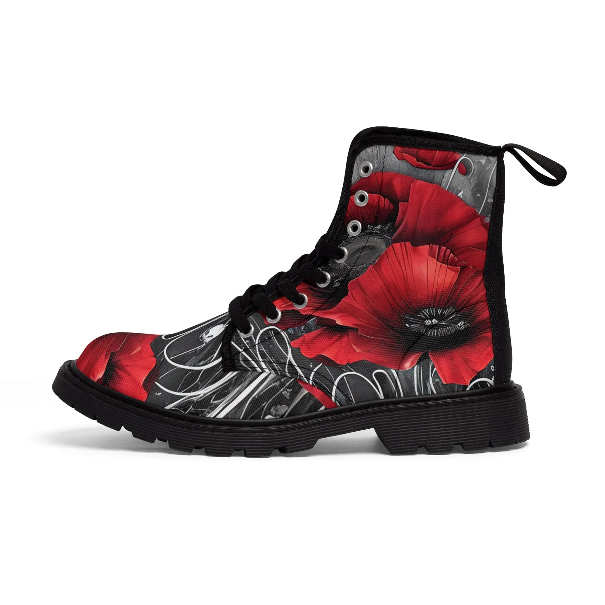 Red Chrome Black Ink Flow 3D Poppies  Canvas Boots AOP