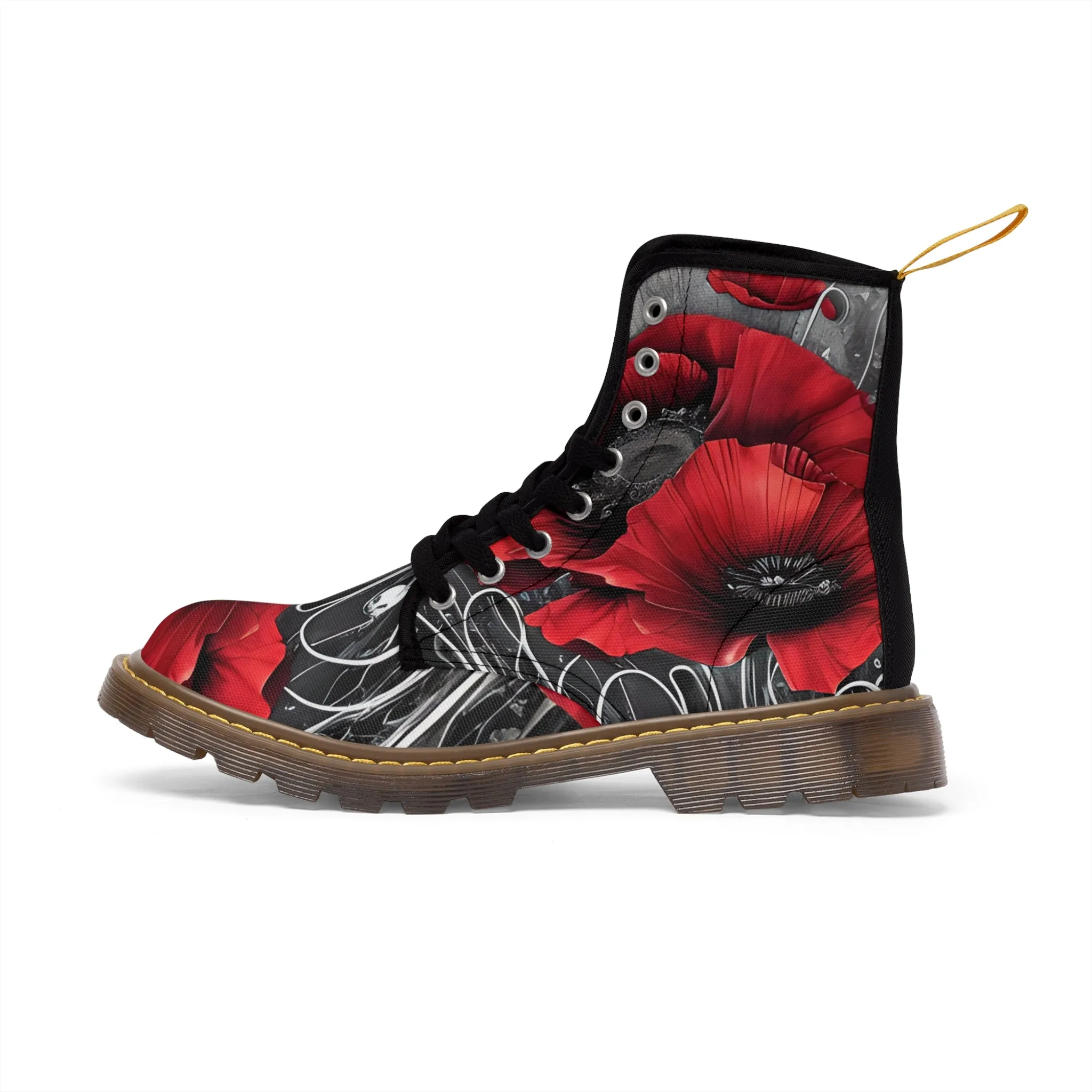 Red Chrome Black Ink Flow 3D Poppies  Canvas Boots AOP