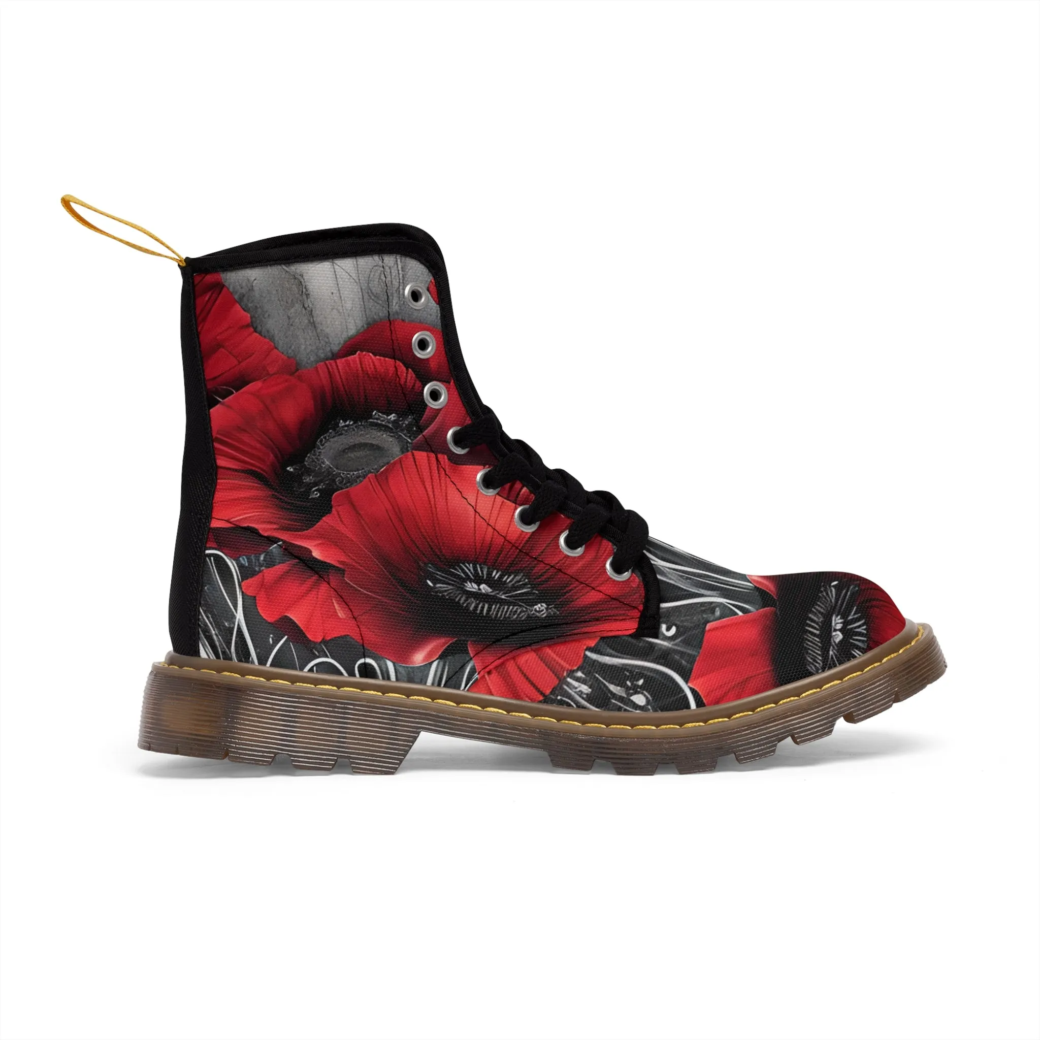Red Chrome Black Ink Flow 3D Poppies  Canvas Boots AOP