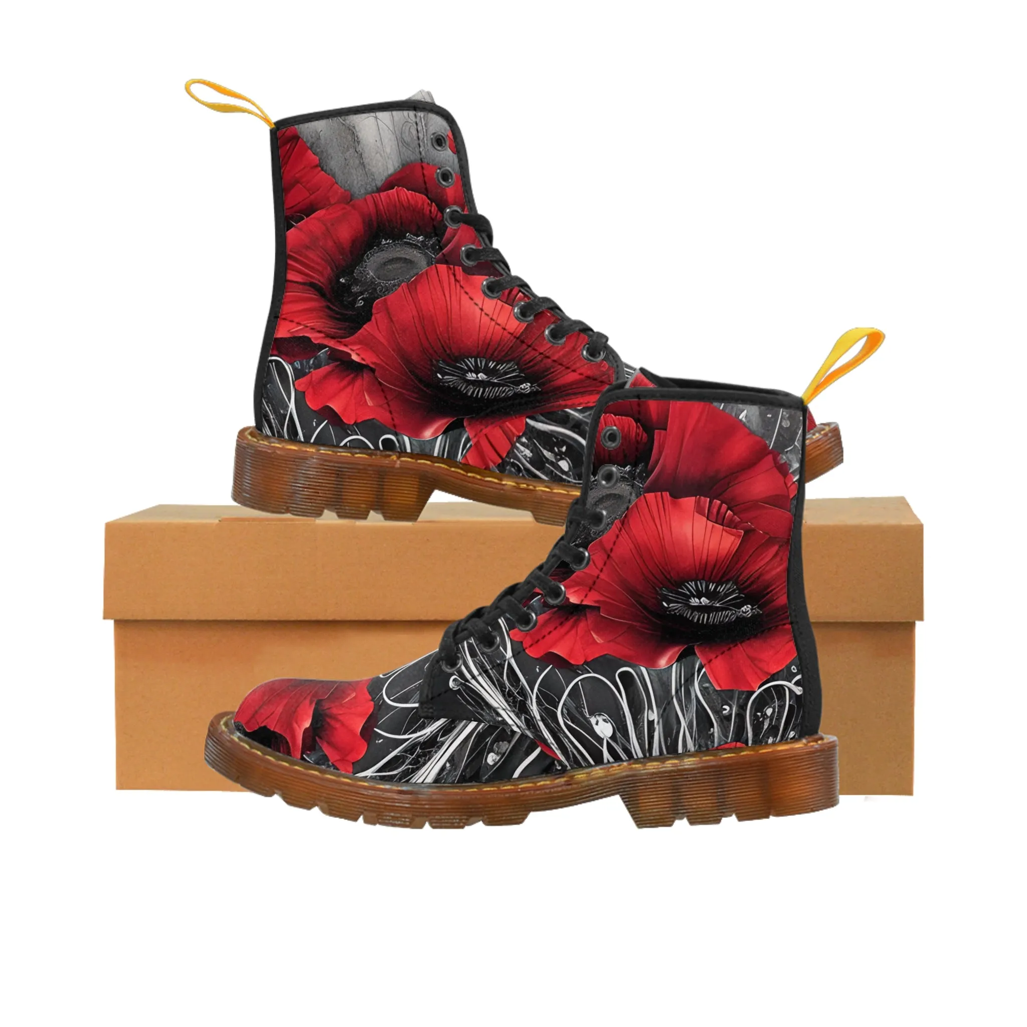 Red Chrome Black Ink Flow 3D Poppies  Canvas Boots AOP