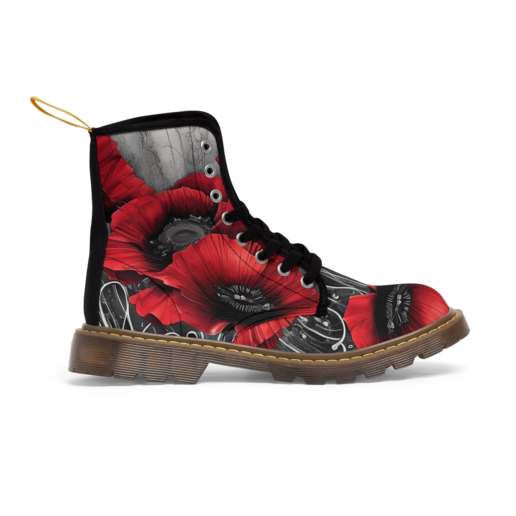 Red Chrome Black Ink Flow 3D Poppies  Canvas Boots AOP
