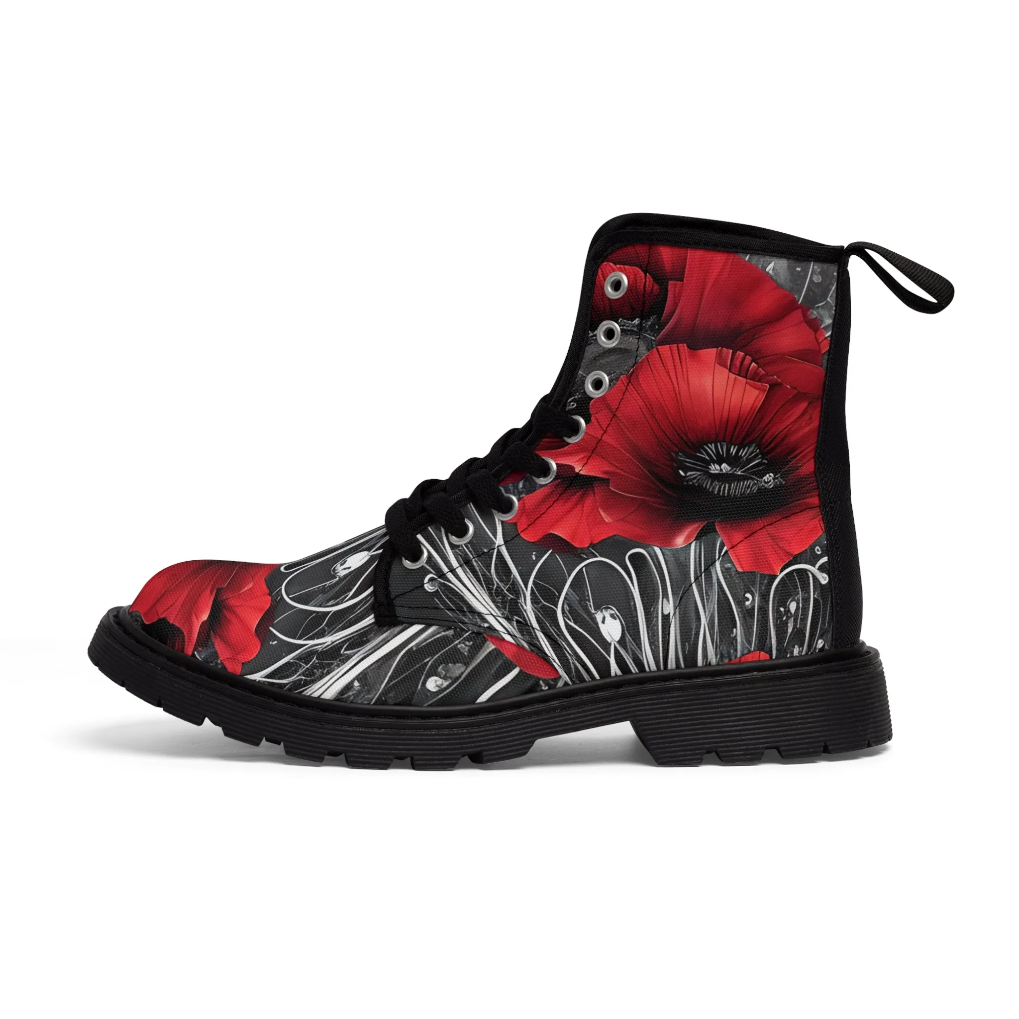 Red Chrome Black Ink Flow 3D Poppies  Canvas Boots AOP