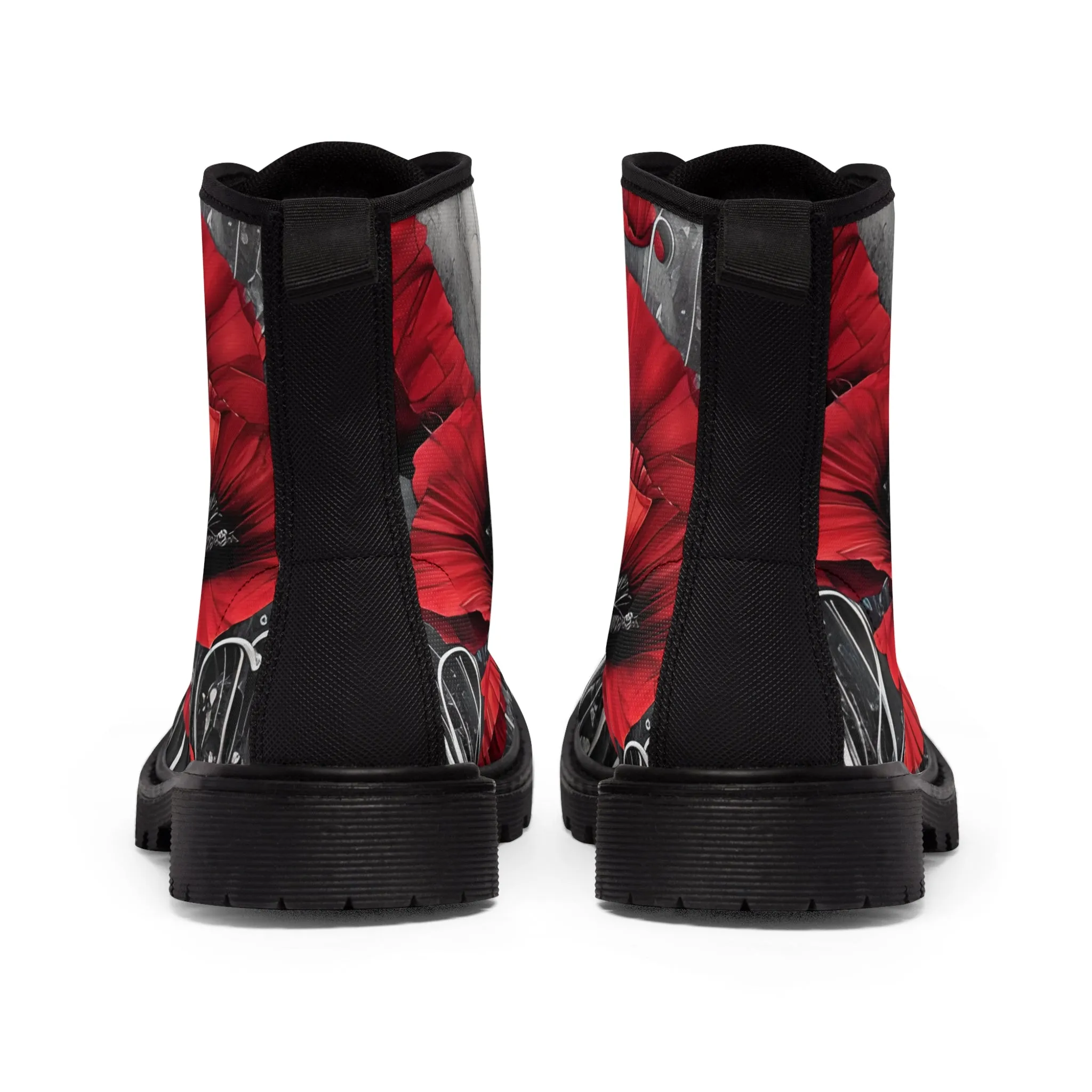 Red Chrome Black Ink Flow 3D Poppies  Canvas Boots AOP