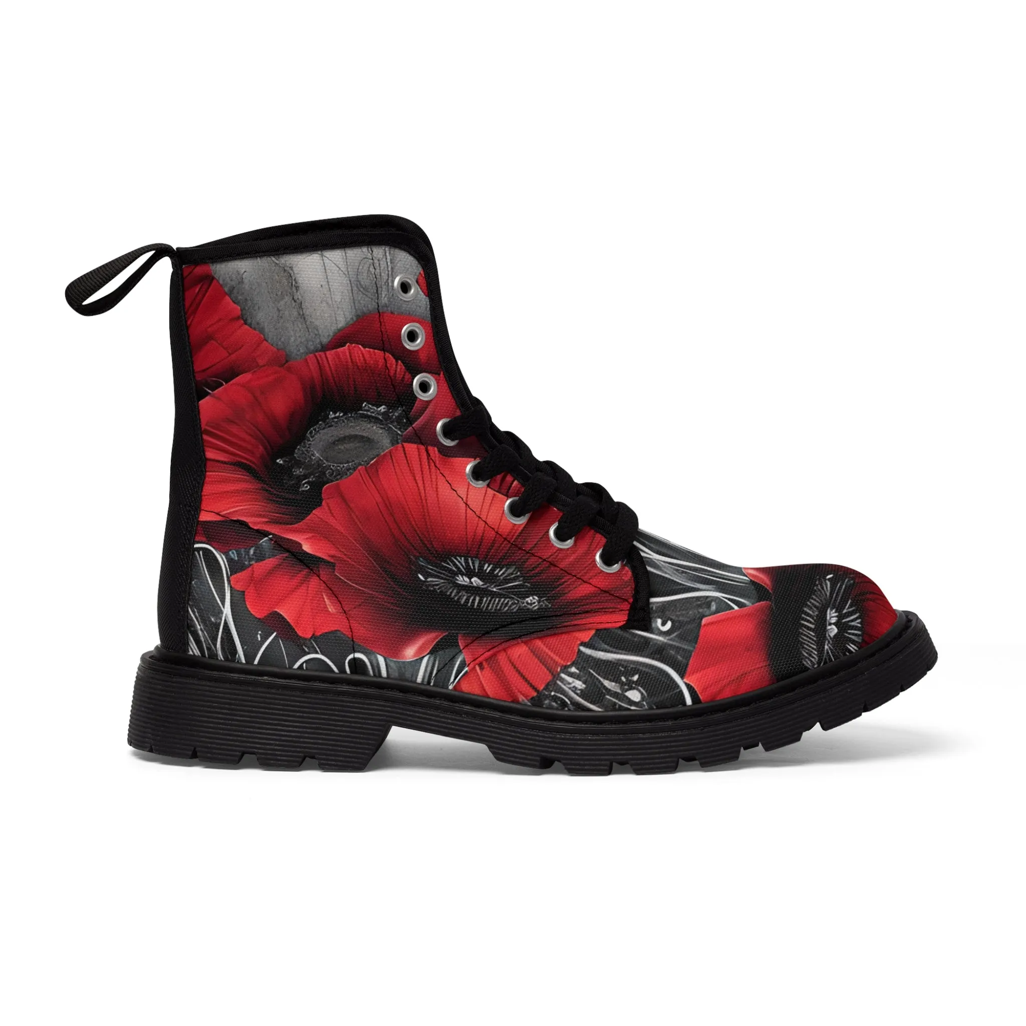 Red Chrome Black Ink Flow 3D Poppies  Canvas Boots AOP