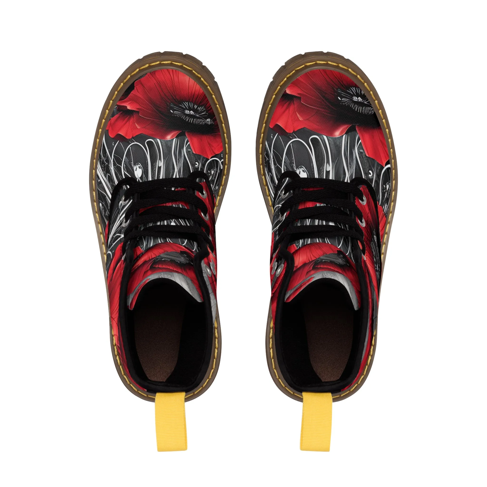 Red Chrome Black Ink Flow 3D Poppies  Canvas Boots AOP