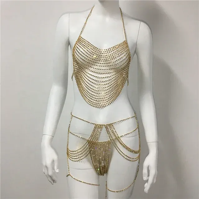 Rhinestone Chain Bra 3 piece  Set