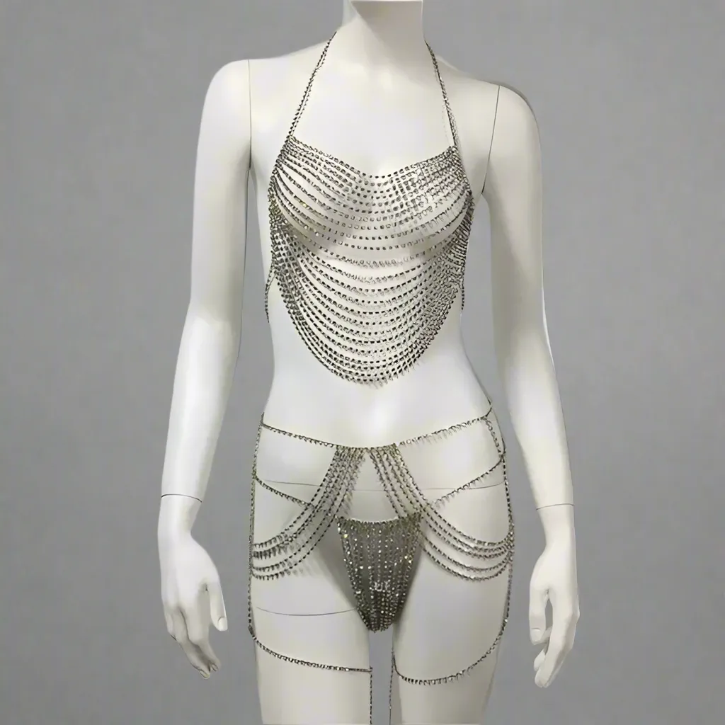 Rhinestone Chain Bra 3 piece  Set