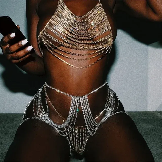 Rhinestone Chain Bra 3 piece  Set