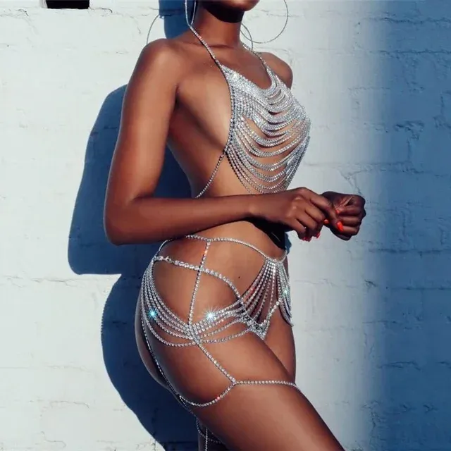 Rhinestone Chain Bra 3 piece  Set