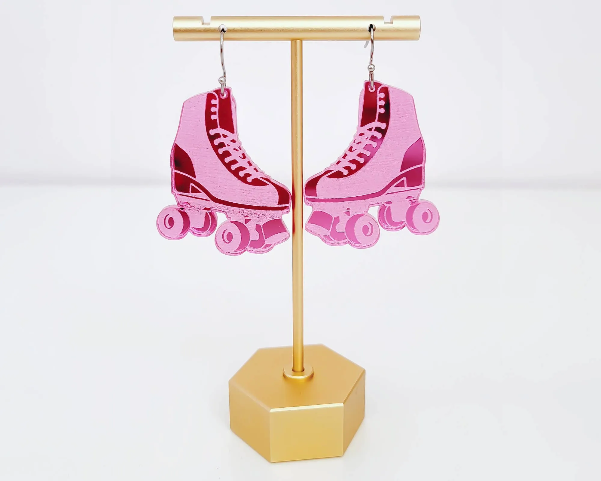 Roller Skates Pink Mirror Acrylic Handmade Earrings