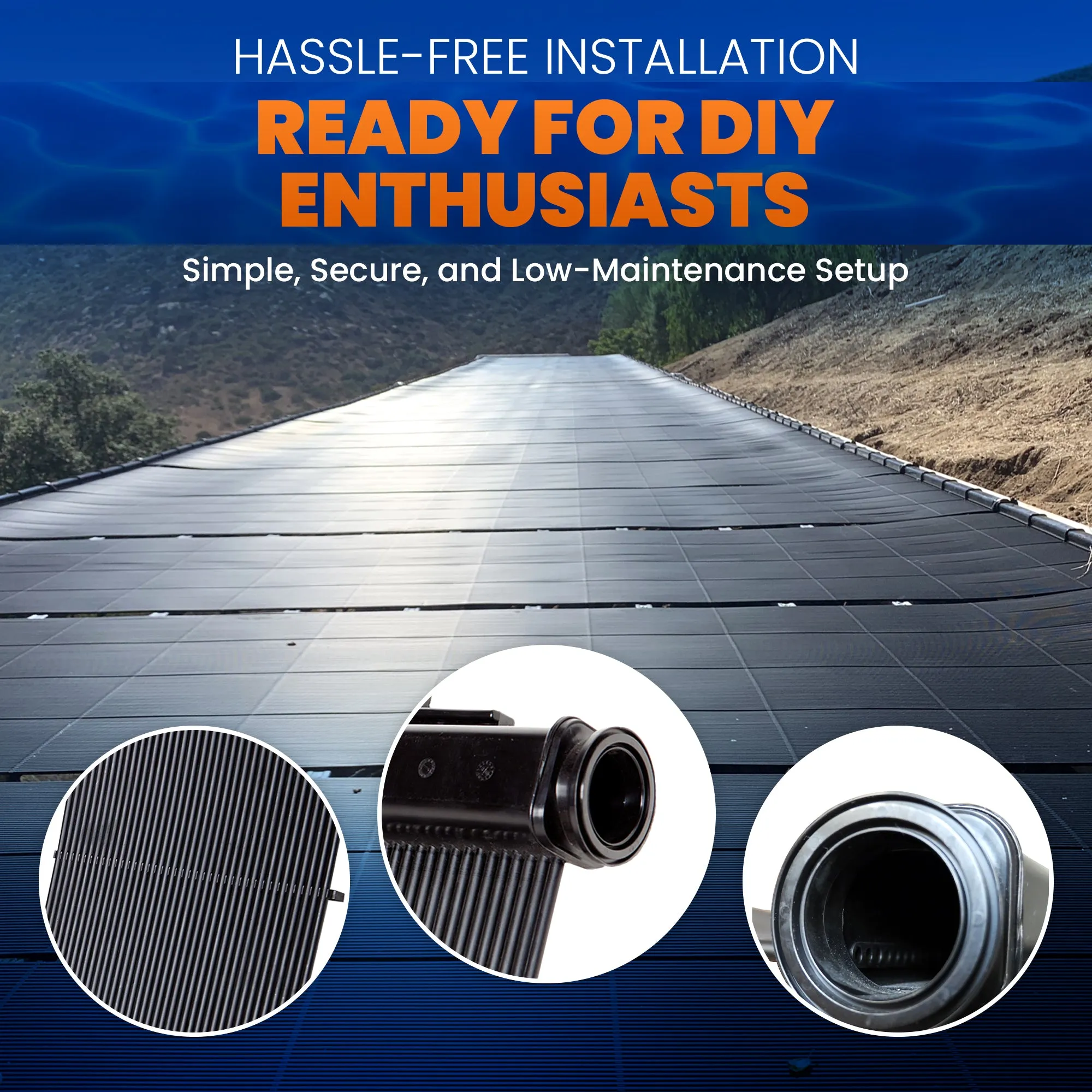 SwimJoy Industrial Grade DIY Solar Pool Heater Kit - Advanced High-Wind Mounting System - Lifetime Ltd. Warranty
