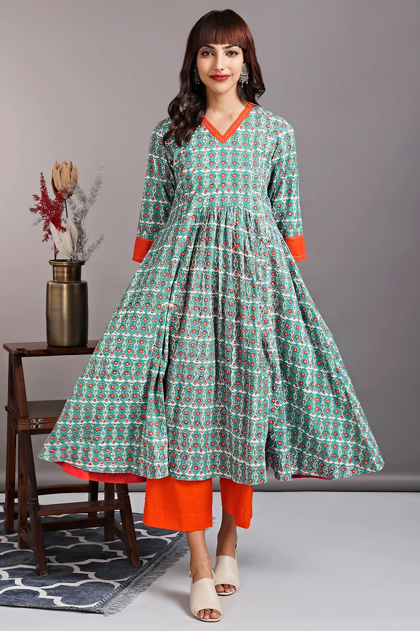 v-neck kali kurta - turkish teal & sunset lotus