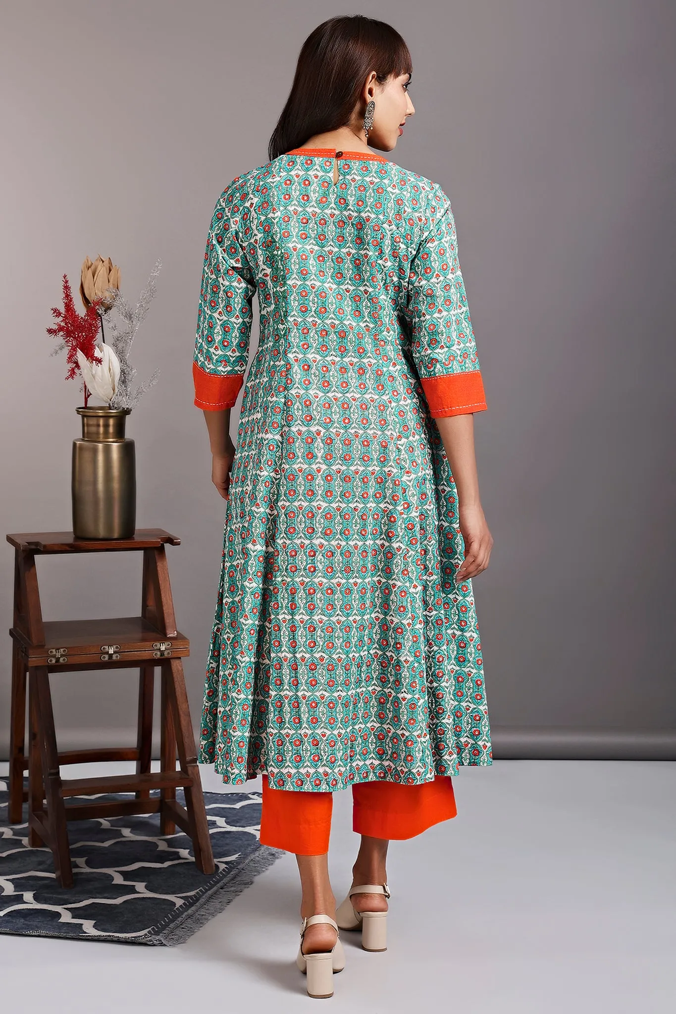 v-neck kali kurta - turkish teal & sunset lotus