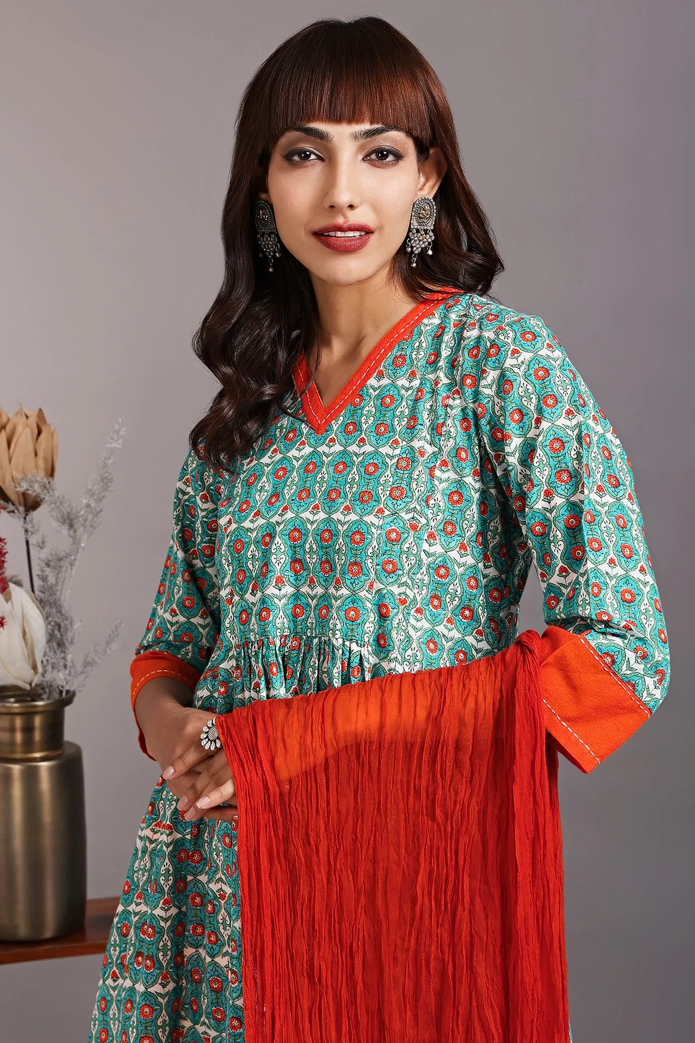 v-neck kali kurta - turkish teal & sunset lotus