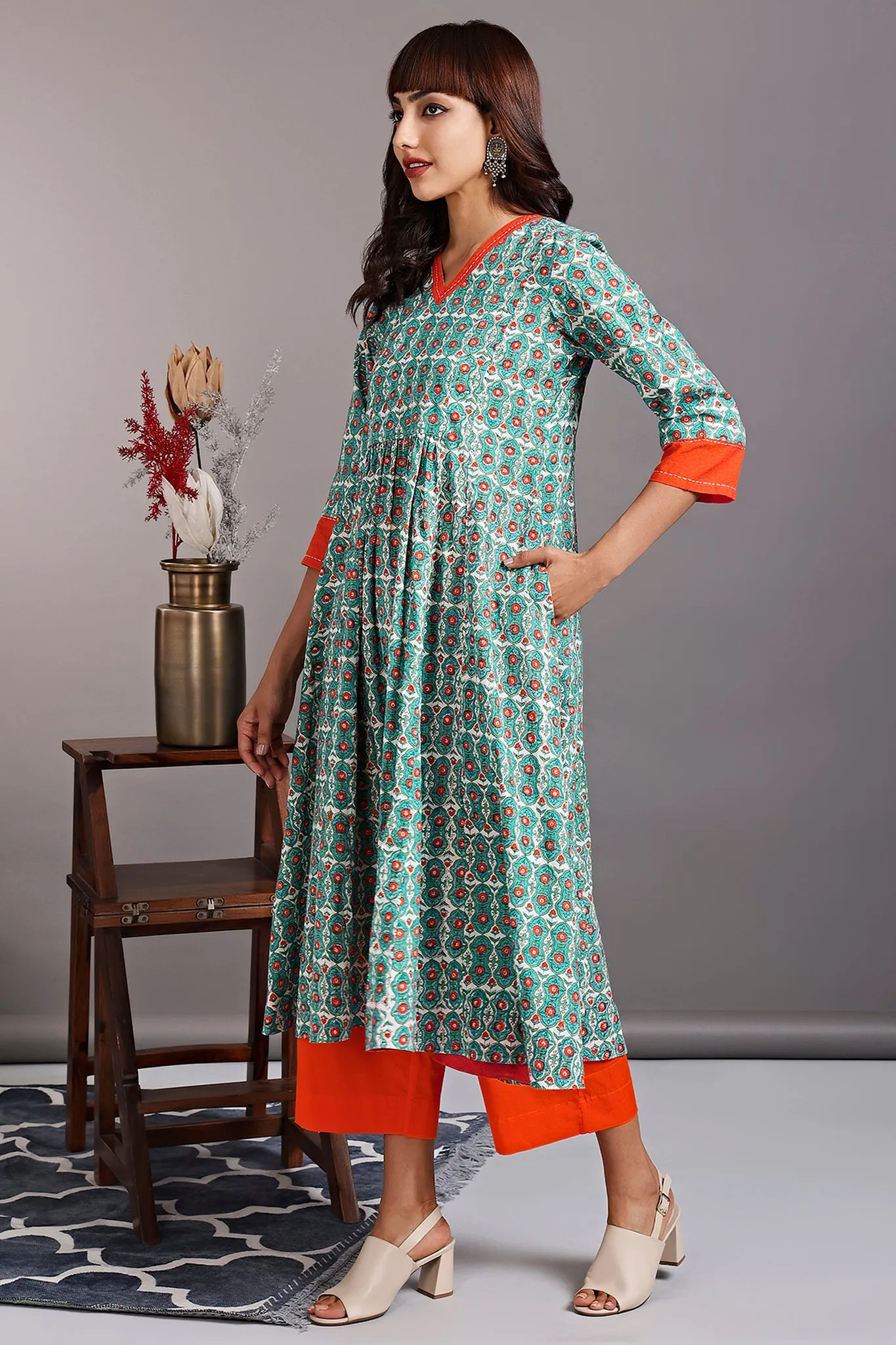 v-neck kali kurta - turkish teal & sunset lotus