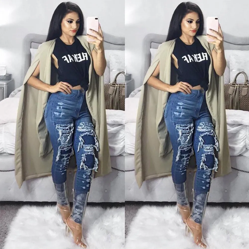 Women Jeans Washed Stretchy Denim Ripped